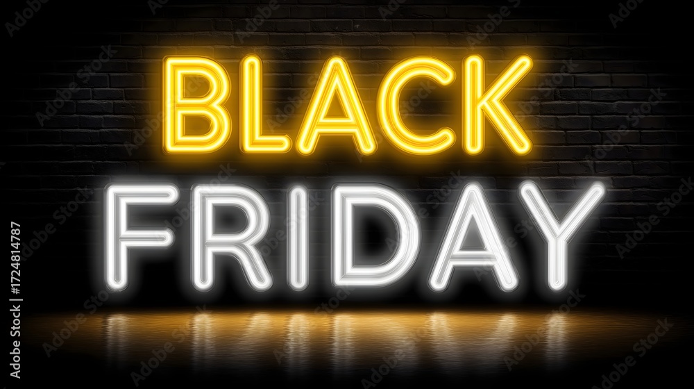 Fototapeta premium Vibrant neon sign glowing brightly with the words Black Friday in a dimly lit urban setting