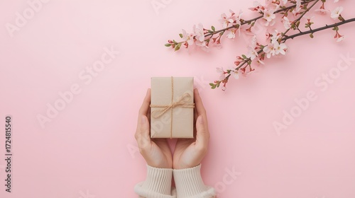 Hands holding small craft gift box tied with simple string ribbon on soft pink background with spring cherry blossom flowers, symbolizing love, celebration, and minimalist present concept