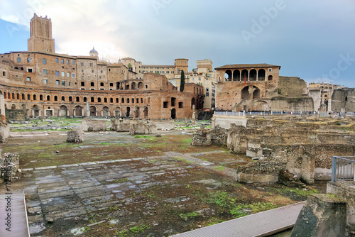 Panoramic view of the ancient ruins at Trajan's Market and the Imperial Fora in Rome. A famous historical landmark and archaeological site from the Roman Empire in Italy