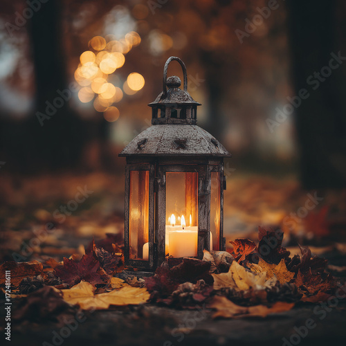 A rustic lantern with burning candles inside, surrounded by autumn leaves. Warm evening light enhances a cozy hygge atmosphere.