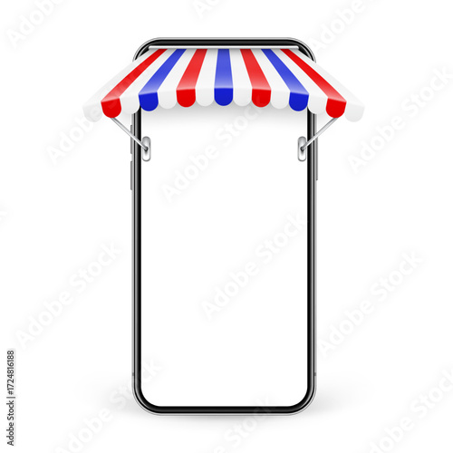 Smartphone with shop sunshade, metal mount, online internet shopping. Realistic striped cafe awning. Outdoor market tent. Roof canopy in French flag colors. Summer street store. Vector illustration