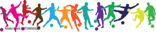 Colorful Football (Soccer) Players Silhouettes Header or Banner Vector, Football Players Icon Set, Dynamic Athlete Silhouettes Illustration, Soccer Action Poses Vector Collection, Sports Banner Desig
