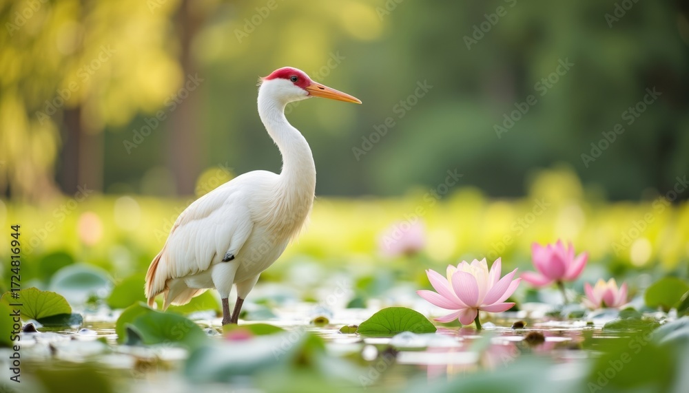 Obraz premium Crane standing among blooming lotus flowers on tranquil pond 