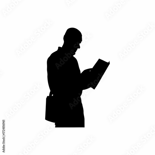 Silhouette of lab sample collector filling paperwork with patient details isolated on white background