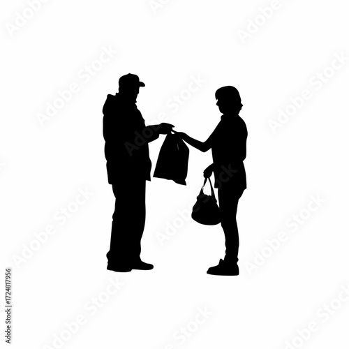 Lab sample collector handing sealed bag to courier silhouette isolated on white background