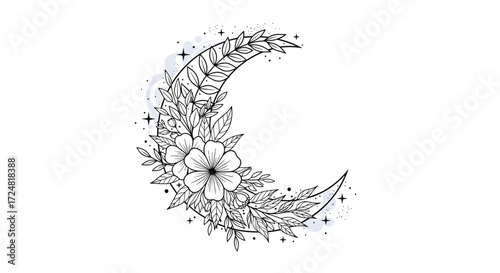 A whimsical crescent moon adorned with delicate floral patterns and twinkling stars.