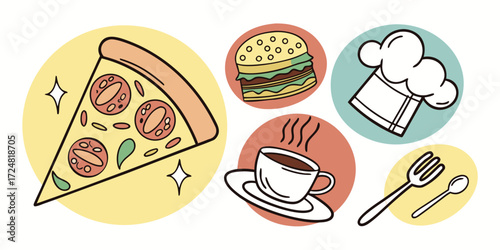 Retro-style food illustration: pizza slice, burger, coffee cup, chef's hat, fork, and spoon; cheerful, appetizing design for menus or restaurant branding.