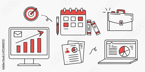 Modern Line Art Business Icons: Growth, Planning, and Success;  Red and White Minimalist Design;  Positive and Upbeat Mood.