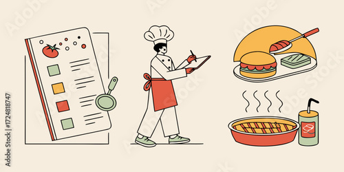 Chef reviewing menu, food illustrations, online ordering, restaurant concept, minimalist line art style, warm color palette, cheerful mood, digital tablet, burger, grilled food, beverage.