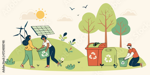 Diverse group of people recycling in a sunny park near solar panels and wind turbines; eco-friendly lifestyle illustration, sustainable community concept.