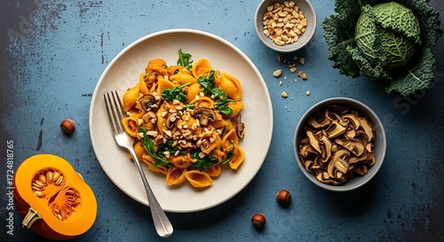 A delicious and healthy pasta dish with pumpkin, mushrooms, and nuts, presented on a blue textured background.