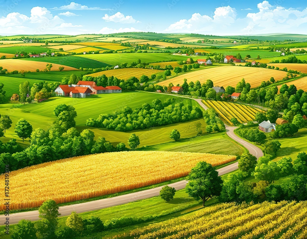 Fototapeta premium rural landscape - green and yellow fields, roads, houses. bright illustration.