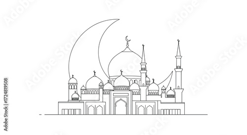 A line art silhouette of an islamic mosque with a crescent moon in the background.