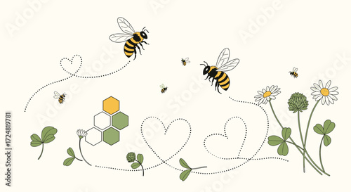 Illustrative depiction of bees flying around clover flowers and a hexagonal molecule with dotted heart trails.