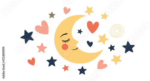 A sleepy moon and stars with hearts for a sweet lullaby.
