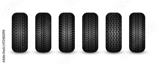 Rubber tires silhouettes. Car, truck, and motorcycle wheels, tread pattern designs. Perfect for automotive, racing, and motorsport themes, repair service and transport industry. Vector illustration