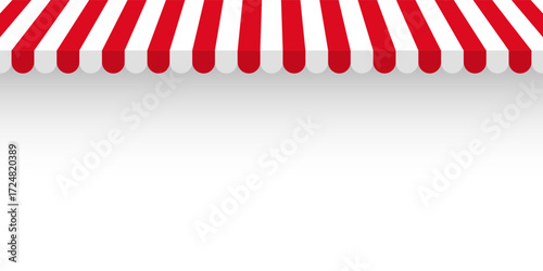 Shop sunshade. Realistic striped cafe awning. Outdoor market tent. Roof canopy. Summer street store. Vector illustration