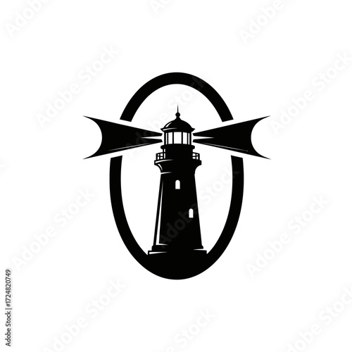 Guiding Lighthouse Silhouette Logo With Radiant Beams In A Stout Oval Frame Direction Guidance