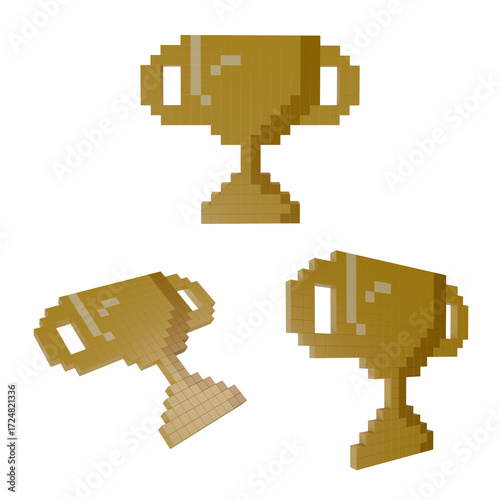 3D render pixel art illustration of a golden trophy cup, symbol of victory, achievement, award and success, retro digital design