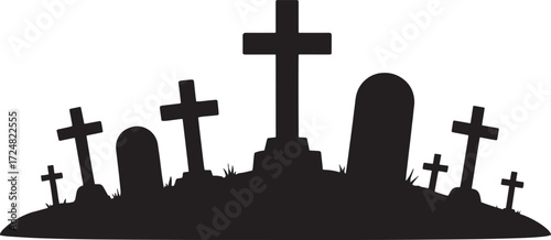 Graveyard Silhouette Vector with Crosses and Tombstones – Minimalist Halloween Design