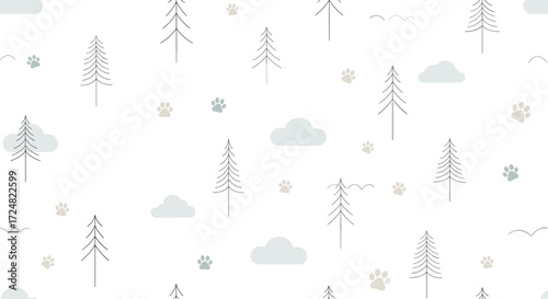 A whimsical winter woodland scene with sparse trees and playful paw prints.