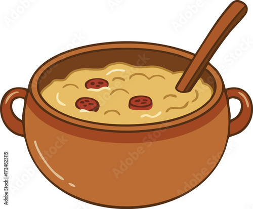 Warm winter porridge in handled pot with berries