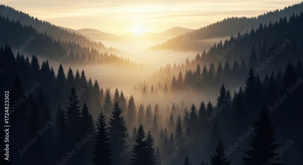 Obraz premium Misty Mountain Forest Sunrise Scenic Beauty