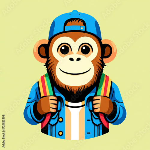 Cartoon monkey wearing a blue baseball cap and denim jacket with a backpack