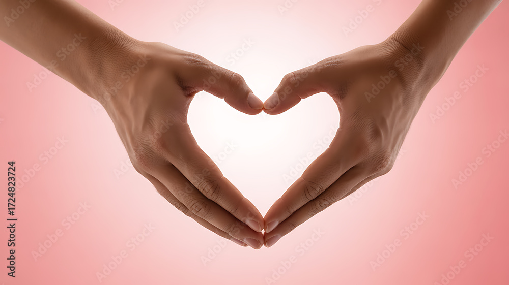 Fototapeta premium Two hands forming a heart shape against a soft pink background