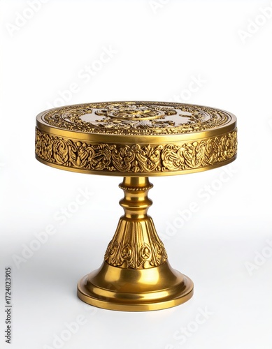 Ornate gold cake stand with a round, embossed top and detailed pedestal base
