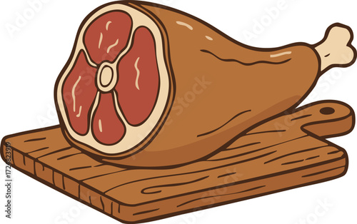 Smoked ham on wooden cutting board with bone