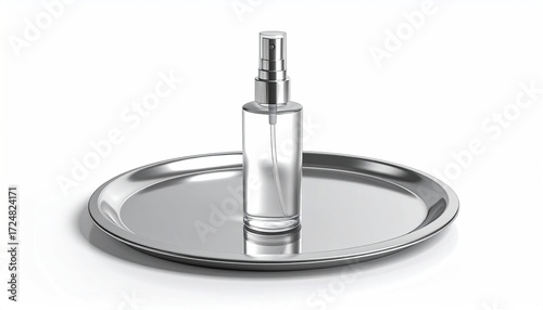 A clear cylindrical bottle with a silver spray top sits on a polished silver tray against a white background