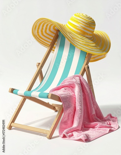 A light blue and white striped deck chair with a large yellow and white striped sunhat resting on its back, and a pink towel draped over one arm