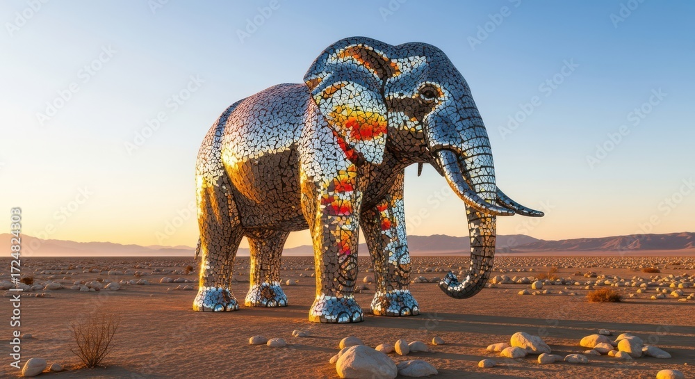 Fototapeta premium Large Metallic Elephant Sculpture in Desert Landscape