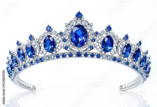 Sapphire   Diamond Tiara  Regal Blue Gemstones Set in Silver, Isolated on Transparency, Showcasing Exquisite Craftsmanship and Luxury.
