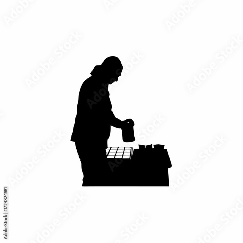 Silhouette of lab technician organizing samples on table isolated on white background