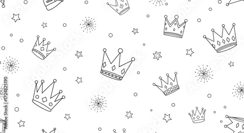 A delightful collection of hand-drawn crowns and sparkling stars scattered across a clean white background.