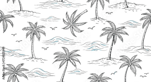 A whimsical hand-drawn tropical palm tree pattern with stylized clouds and sandy textures.