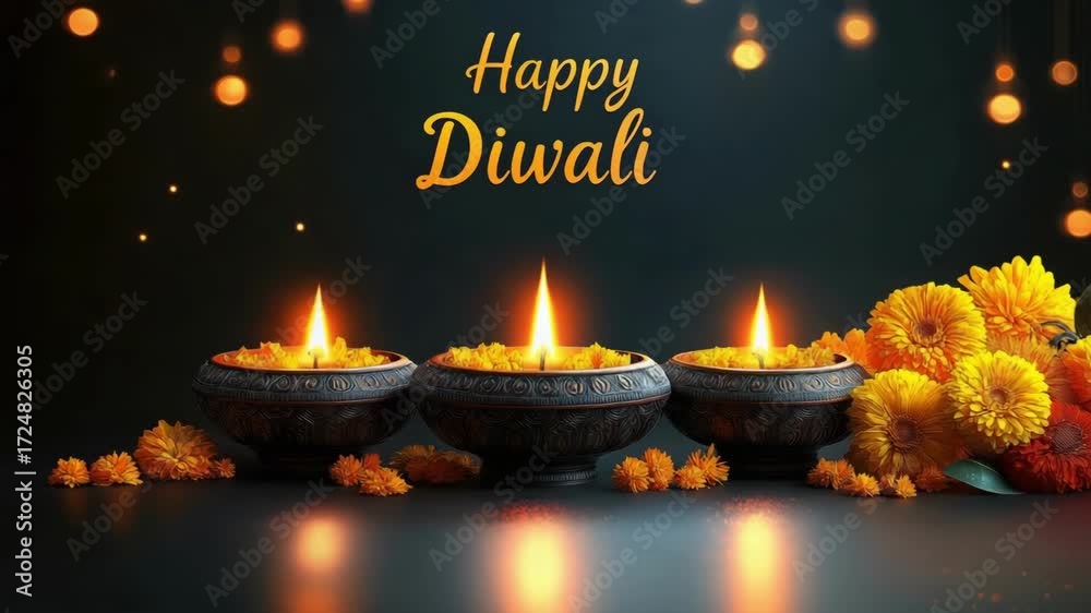 Three lit diwali lamps and flowers on a dark background with text and bokeh effects. Spiritual new year. Diwali, Deepavali, Festival of Lights, Dipawali - Hindu Celebration, Indian Cultural Festival