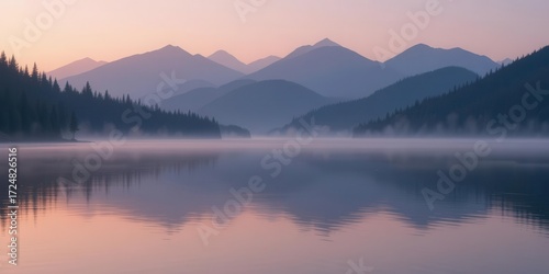 A Minimalist Aesthetic Image of Silver Lake Reflecting Forest Crowned Mountains