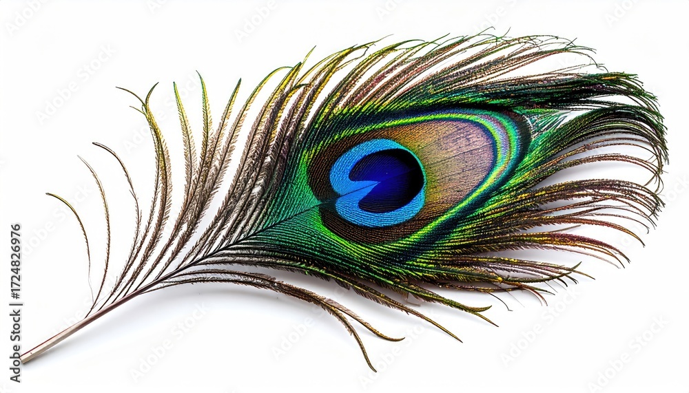 Obraz premium A single iridescent peacock feather, isolated on white, showcasing its vibrant green, blue, and brown eyespot, detailed barbs, and slender shaft