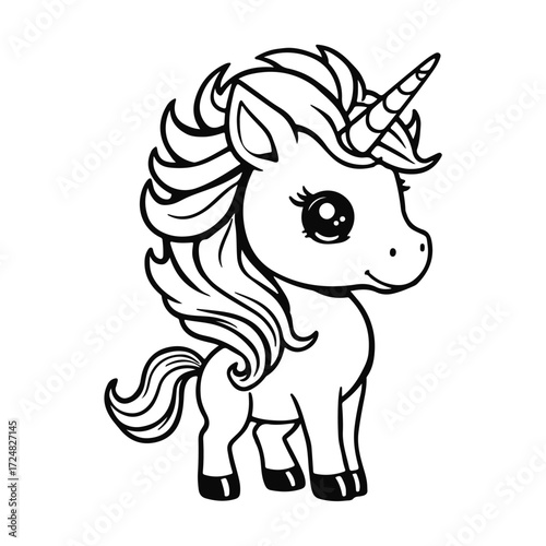 Cute cartoon unicorn illustration, magical fantasy animal, children's character drawings, fairytale pony design, colorful children's unicorn drawing