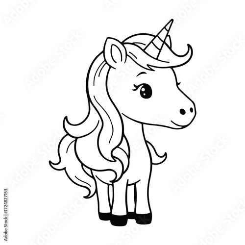 Cute cartoon unicorn illustration, magical fantasy animal, children's character drawings, fairytale pony design, colorful children's unicorn drawing