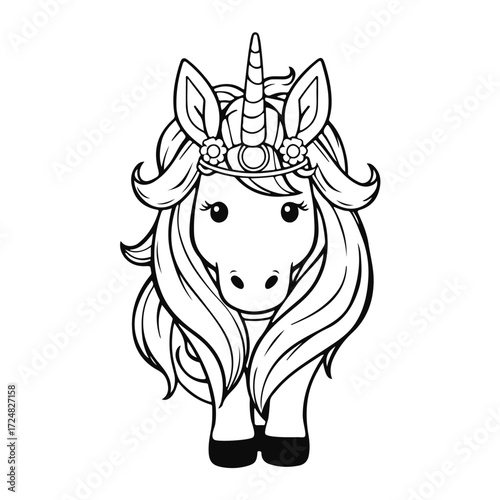 Cute cartoon unicorn illustration, magical fantasy animal, children's character drawings, fairytale pony design, colorful children's unicorn drawing