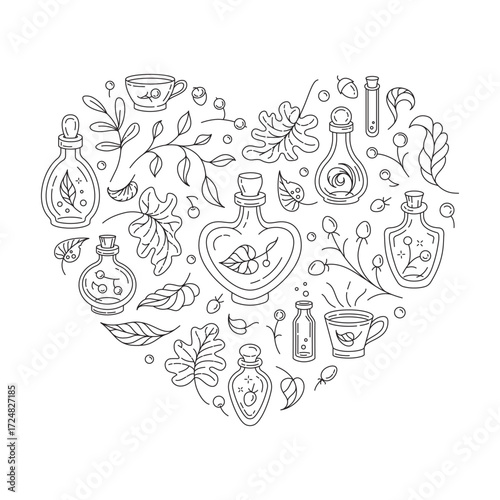 Witch healing potions and cozy tea doodle heart vector illustration. Magic coloring page for autumn.