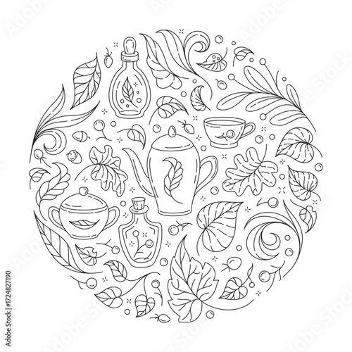 Magic potions and tea vector doodle circle. Witchy autumn coloring page.