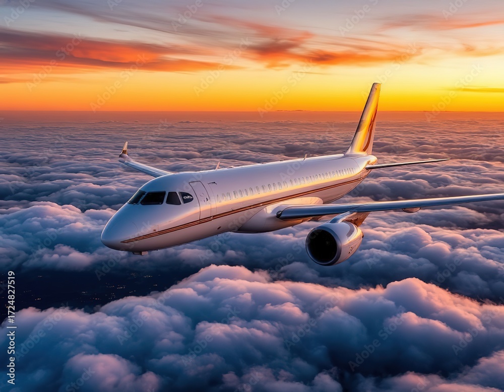 Fototapeta premium plane flies above clouds at sunset.