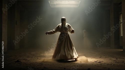 A group of people in white robes dancing in a dark room