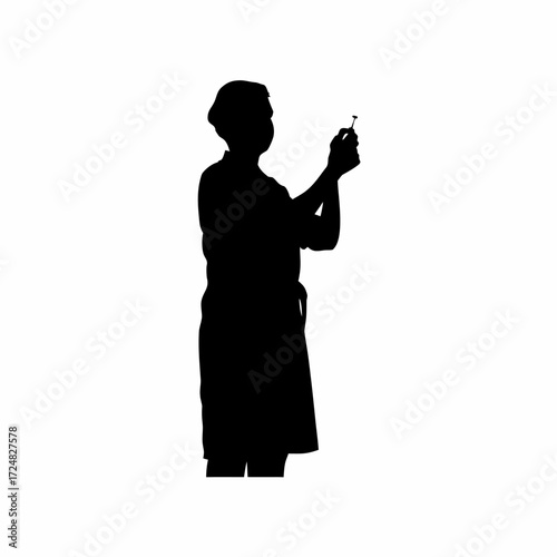 Silhouette of lab technician preparing syringe for blood draw isolated on white background
