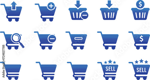 E-commerce shopping cart and basket icons set for online store, buy sell, add remove, checkout, purchase, digital retail business.